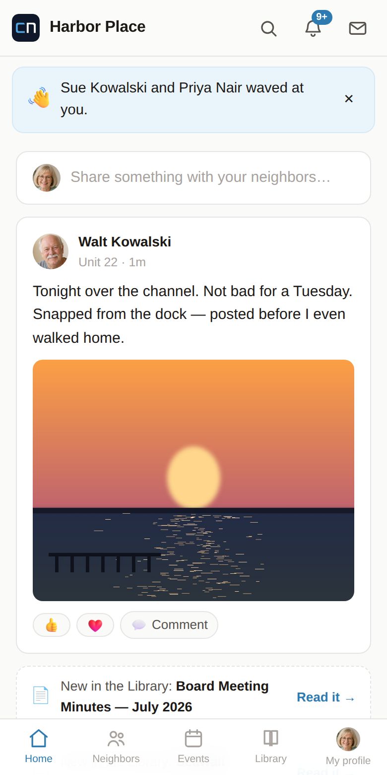 The news feed with a neighbor's sunset photo shared from the dock