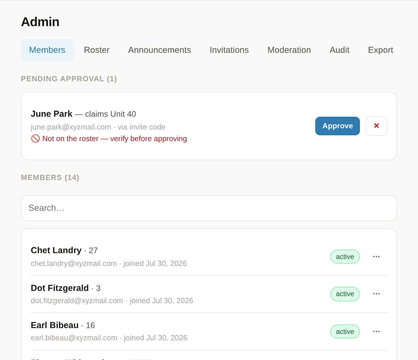The host's view: a pending request matched against the resident roster, one-click approve