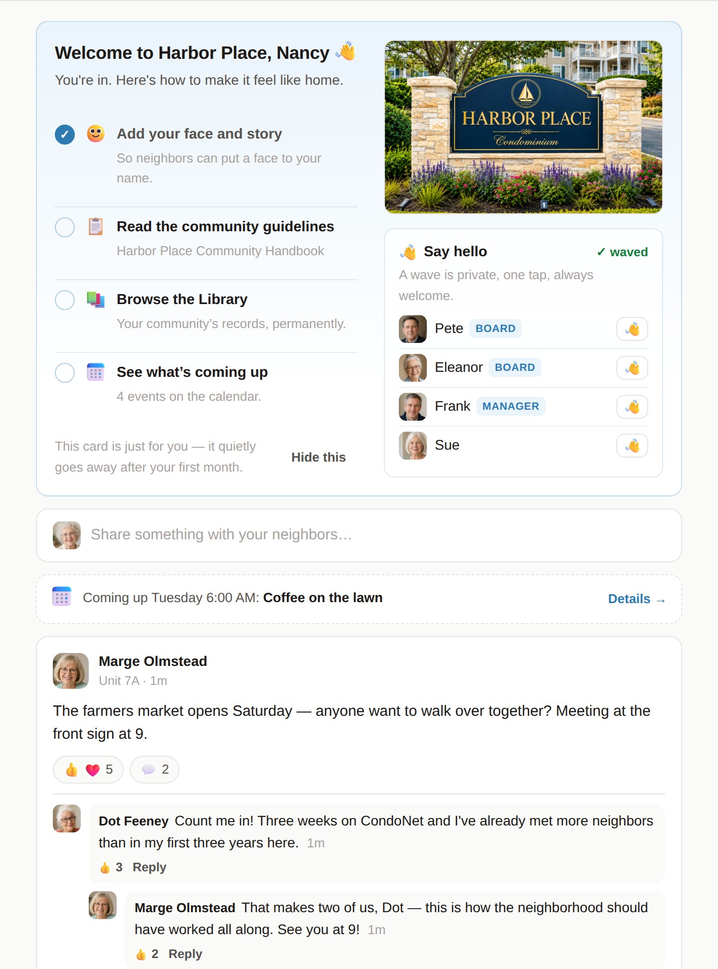 A first day on CondoNet: the welcome card, neighbors waving hello, and a conversation with reactions and replies